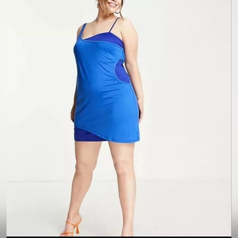 ASOS Extro&Vert Cobalt Blue Mesh Overlay Cutout Mini Dress Plus Size 20 NWT